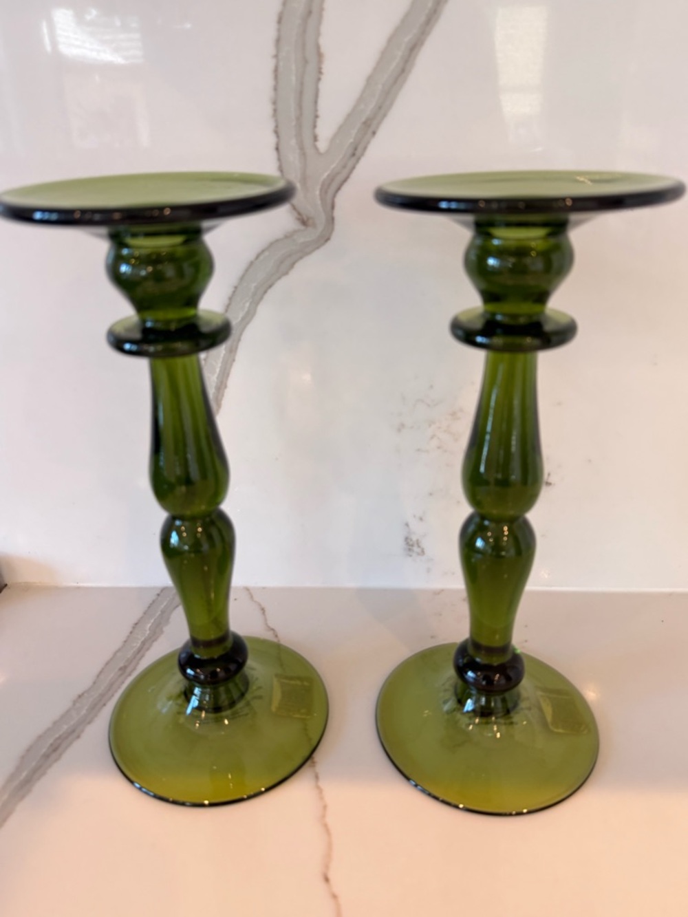 Pottery Barn Green Glass Candlestick Holders – set of 2 Pillar Or Taper